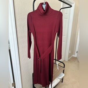 Donna Ricco Burgundy Turtleneck Long Sleeve Knit Dress with Attached Belt